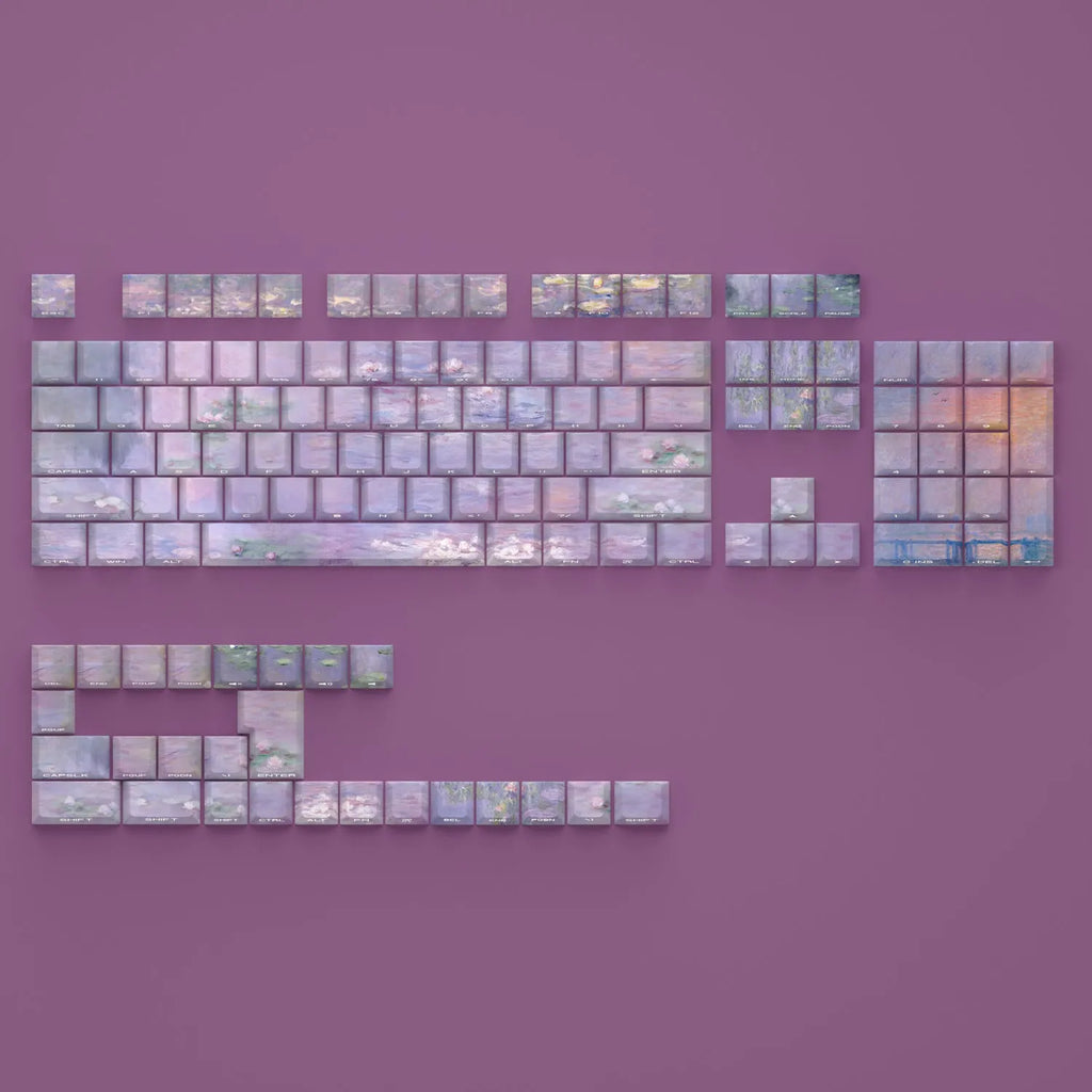 Wenshao Sleeping Lotus PBT key cap set showing side-carved light-transmission characters and five-sided sublimation artwork