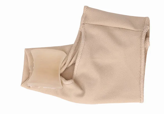 Corrective bunion sock with silicone gel toe separator shown in sizes S, M, and L on a foot diagram.