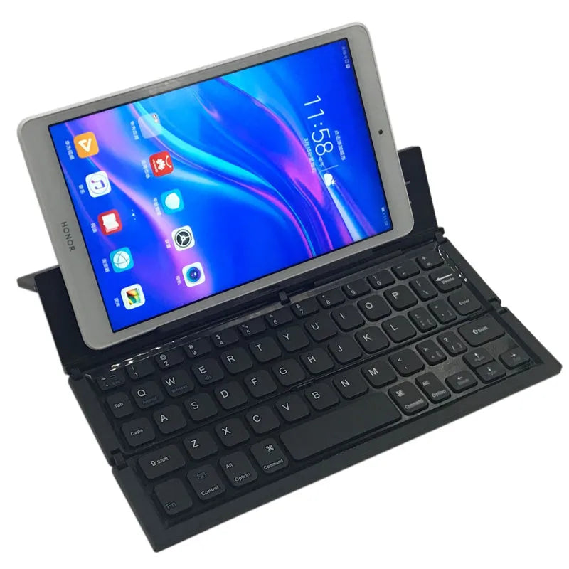 Black folding wireless Bluetooth keyboard for tablets with aluminium bottom cover