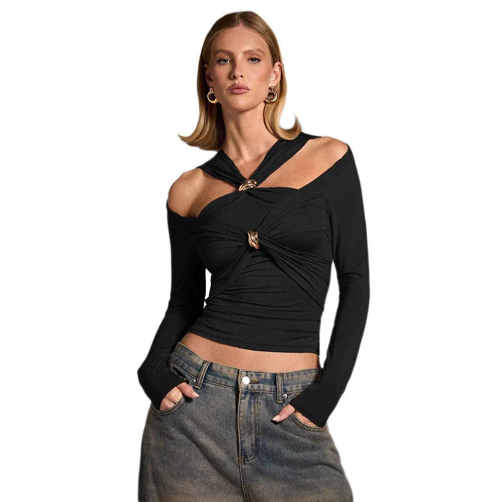 Black women's halter top with long sleeves and slim fit fashion styling