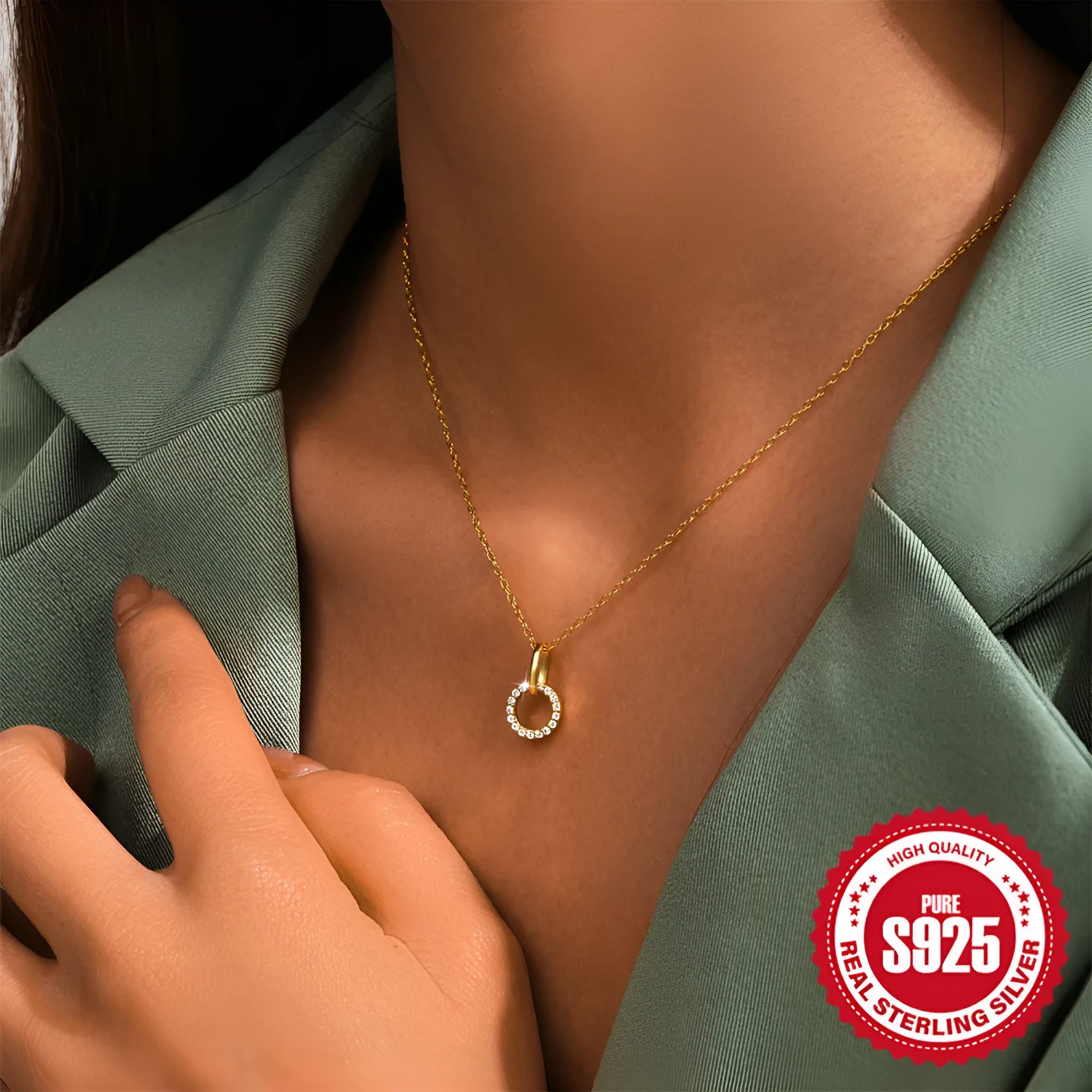 S925 sterling silver clavicle chain necklace with gold colour finish and micro zircon details