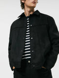 Black men's hooded jacket with suede collar, loose sleeves, and side pockets