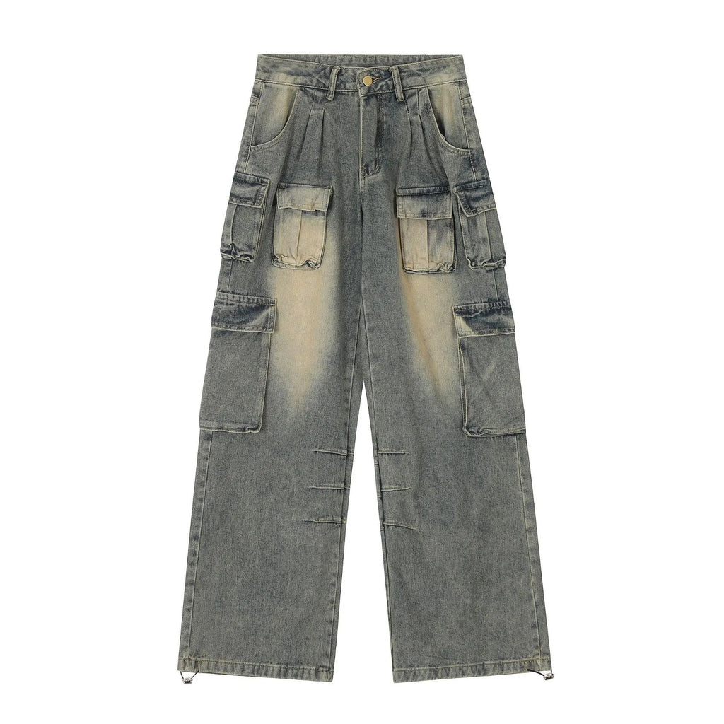 Men's loose fit distressed denim jeans with multiple pockets in street hipster style