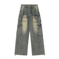 Men's loose fit distressed denim jeans with multiple pockets in street hipster style