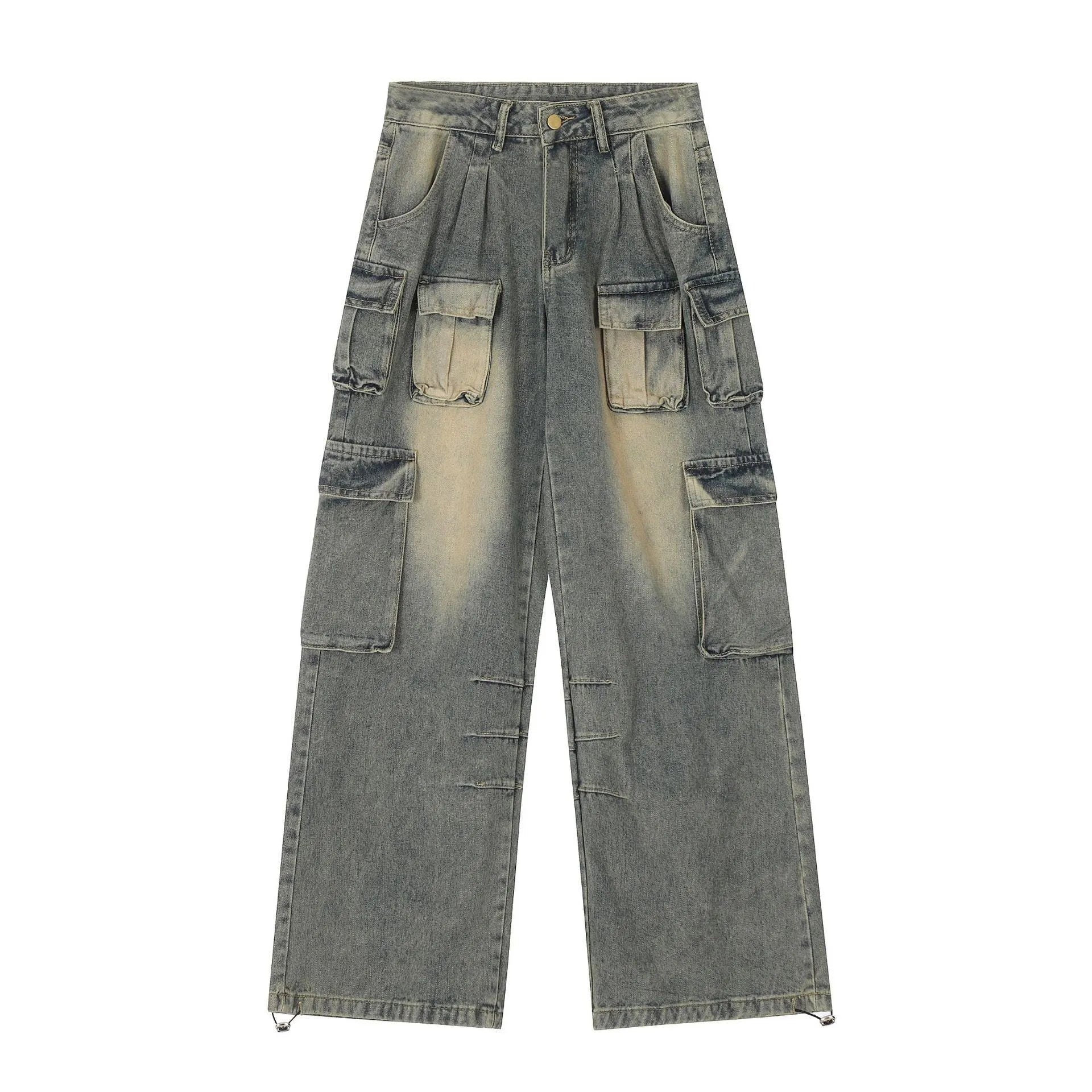 Men's loose fit distressed denim jeans with multiple pockets in street hipster style