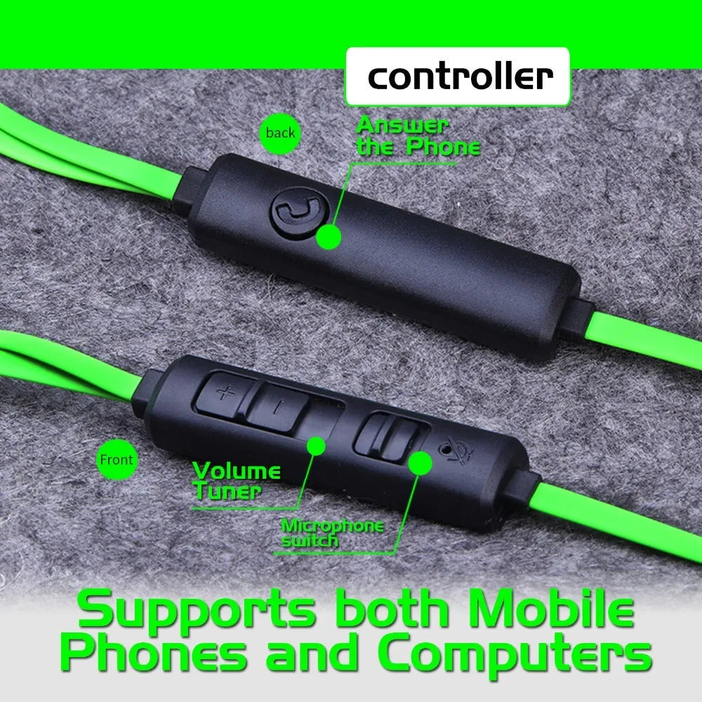 Shuangmai wired in-ear gaming headset in black, green, and red colours with a 1.5cm cable.