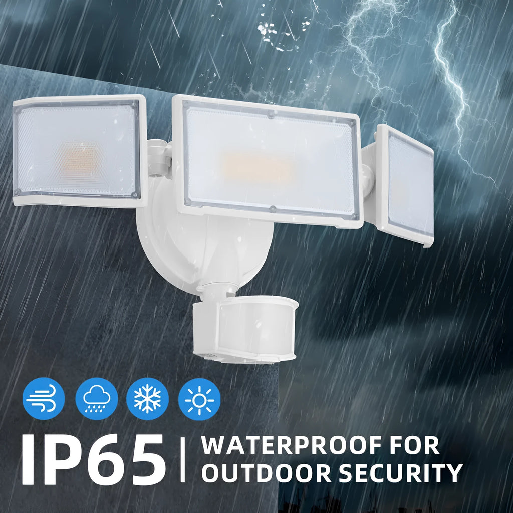 White or black outdoor LED flood light with motion sensor for wall or ceiling mounting.