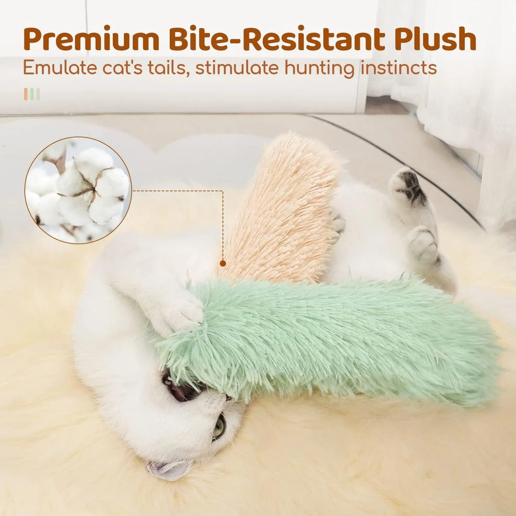 Plush cat toy pillow in blue, green, pink, or white colours measuring 27cm long by 10cm wide