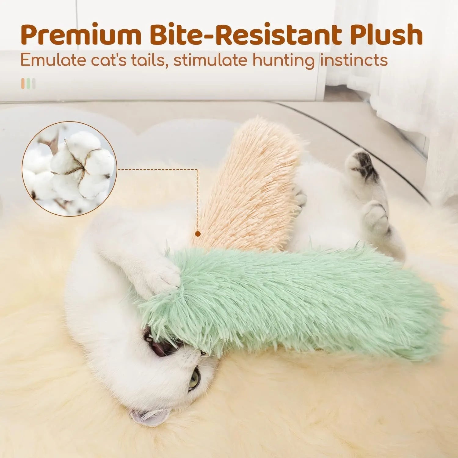 Plush cat toy pillow in blue, green, pink, or white colours measuring 27cm long by 10cm wide