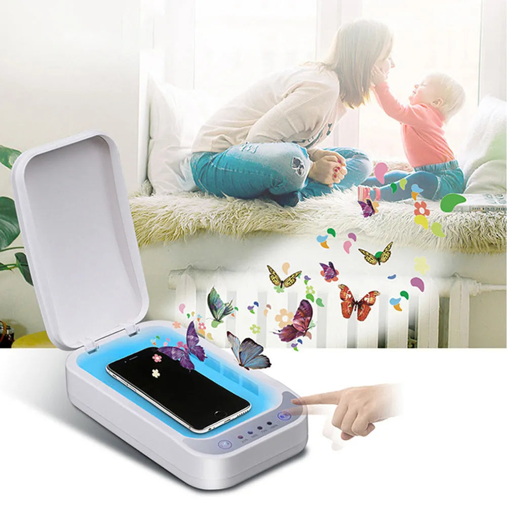 Blue and white ultraviolet disinfection box for mobile phones with 253.7nm UV-C light