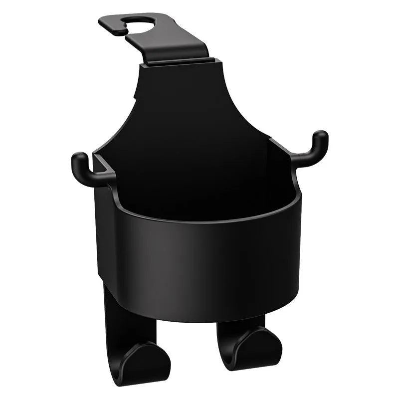 Black plastic car seat back organiser with cup holder and storage hook for vehicle interior