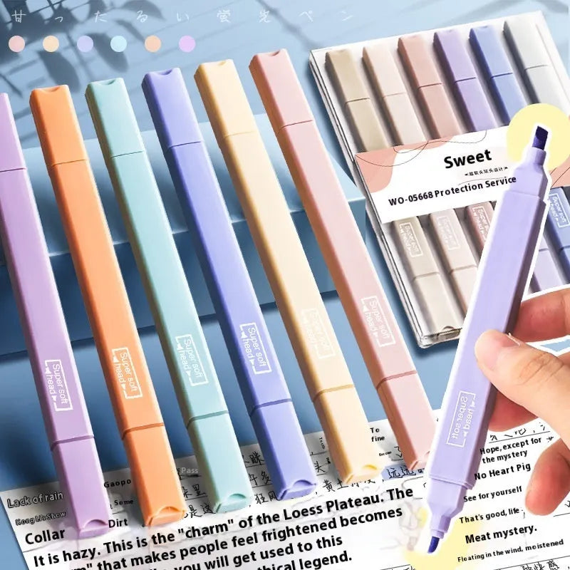 Set of double-ended fluorescent marker pens showing fine fibre tip and broad chisel tip ends