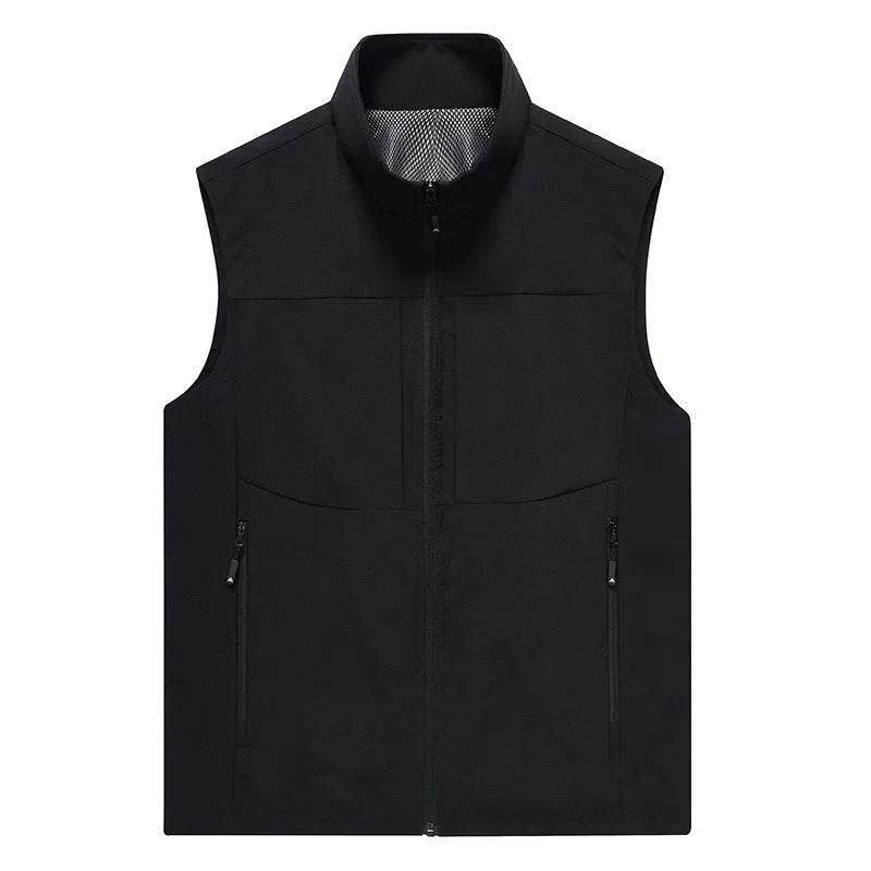 Man wearing a khaki stand collar cardigan vest with zipper pockets.