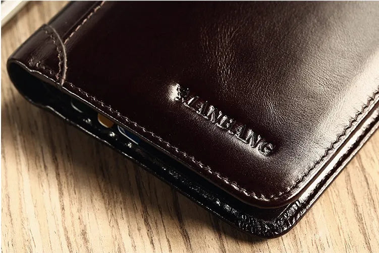 Men's leather wallet showing multiple internal compartments for cards, cash, coins and photos