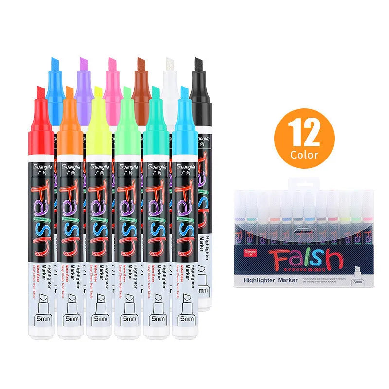 Set of 8 refillable fluorescent board highlighters with oblique 6mm tips, shown on card packaging.