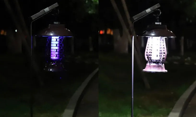 Black solar-powered mosquito lamp with solar panel on top and 24 LED lights for outdoor garden insect control.
