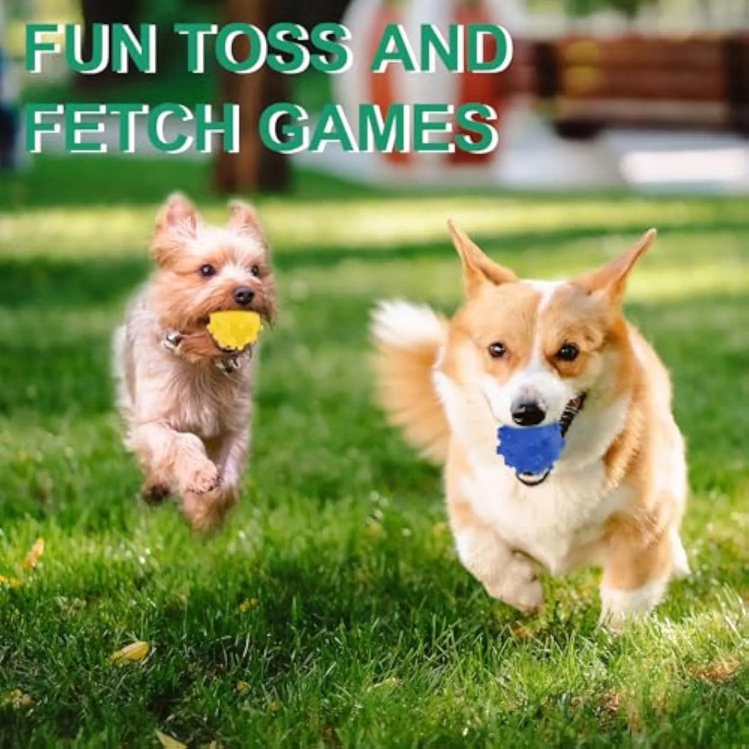 Bright blue, green, pink, and yellow spiked dog balls with paw print dimples on a white background.