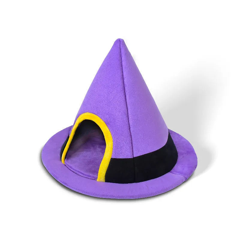Purple cloth Halloween witch hat shaped cat bed measuring 60x45cm for cats