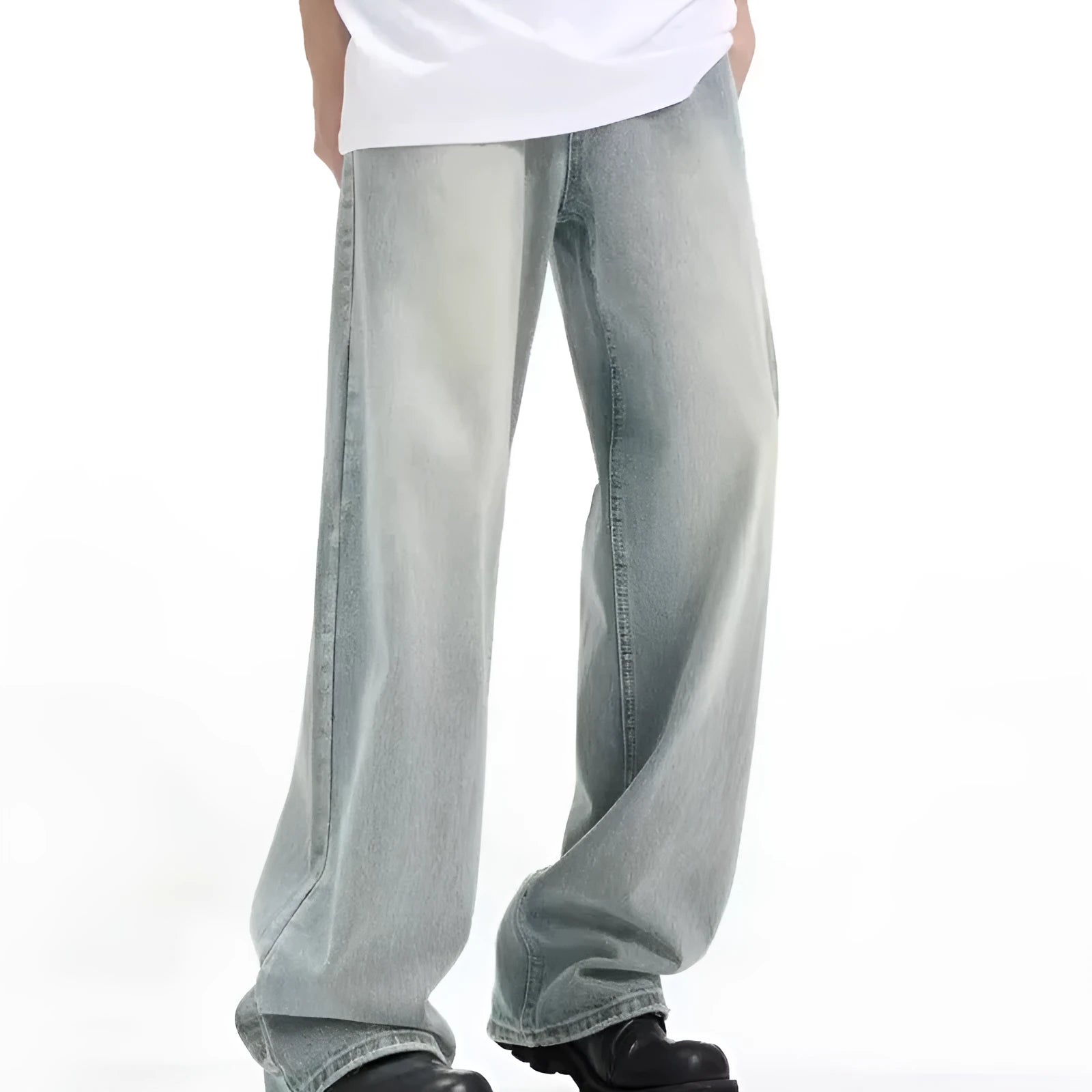 Blue retro-style loose-fit casual trousers with high elasticity, made from rabbit fur fabric.