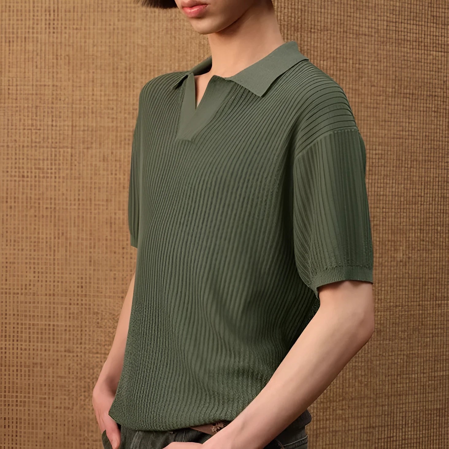 Man wearing a creamy-white short-sleeve polo shirt with a striped collar, showcasing its loose fit and business casual style.