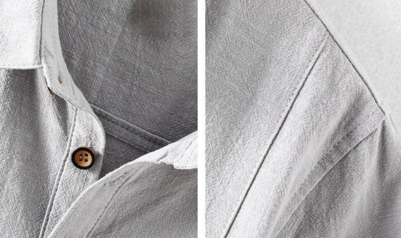 A man's loose-fit linen casual shirt in a solid colour, shown in light grey, featuring long sleeves and a button front.