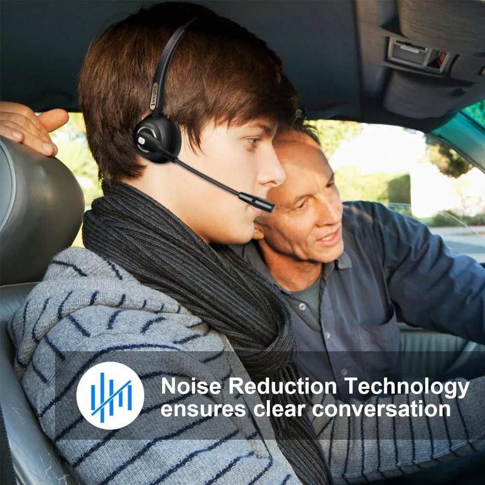 Black Bluetooth headset with microphone designed for truck drivers and office use, shown with a USB charging cable.