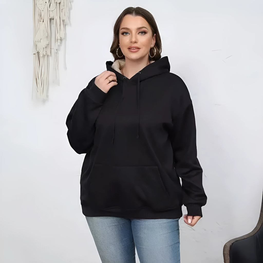 Women's loose-fit black hooded sweater with side pockets and a 3D pattern on the front.