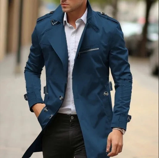 Men's plus size lapel collar casual jacket in a mid-length cut, shown in a solid colour with side seam pockets.