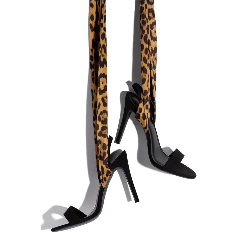 Light brown leopard print women's high heels with cross strap design and fine high heel