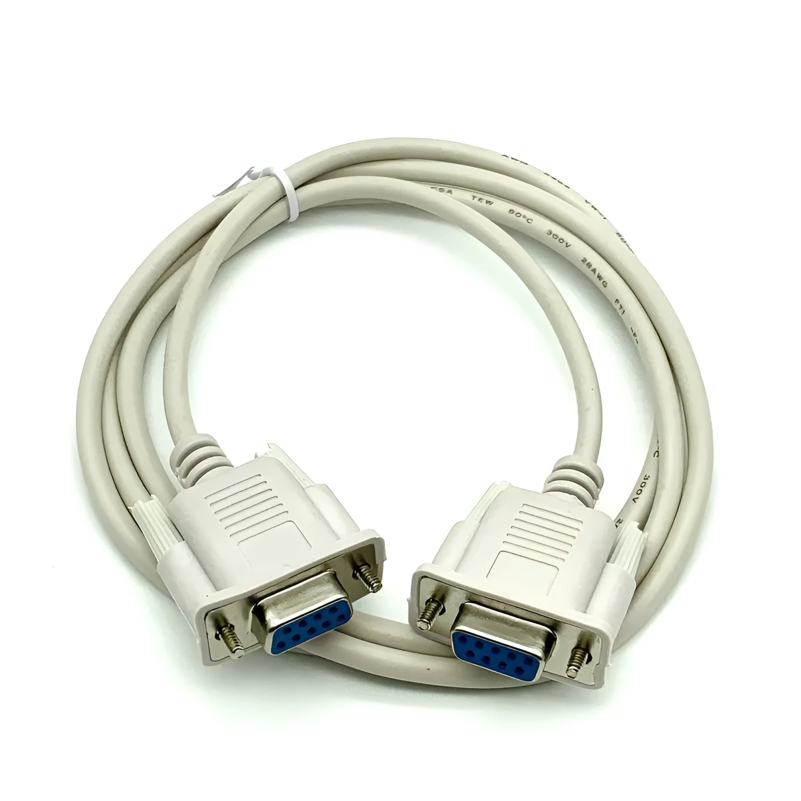 DB9 female to female RS232 serial cable, 1.5 metres long, milky white colour