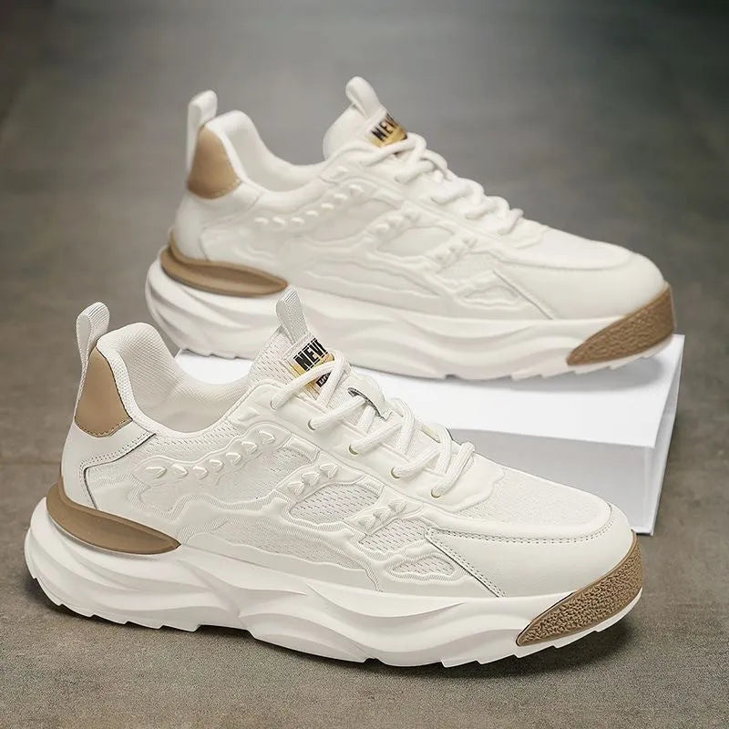 Men's breathable mesh shoes in white or black with round toe and PU construction