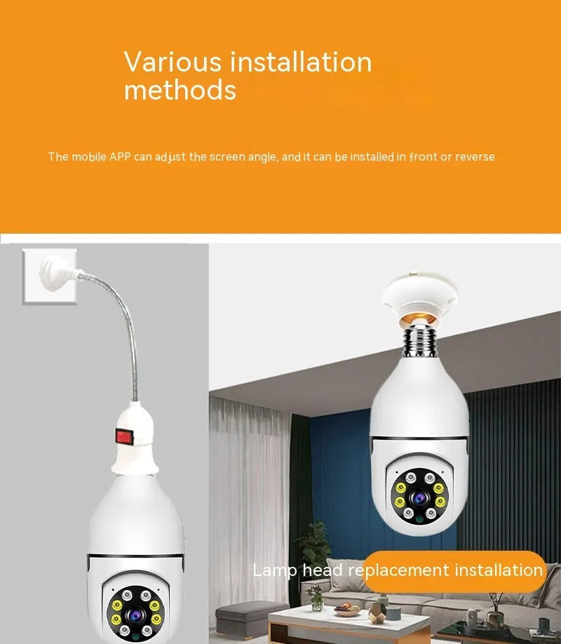 Wireless wifi bulb camera with 1080p resolution and full colour night vision measuring 5cm by 12cm