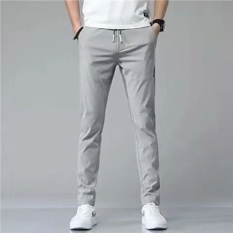 Men's Khaki drawstring trousers with loose straight leg and elastic waist, Korean casual style