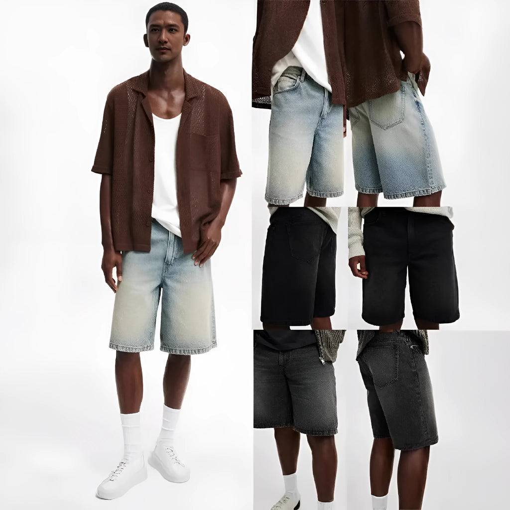 Men's loose straight leg jeans in light cotton denim available in black, grey and light blue colours