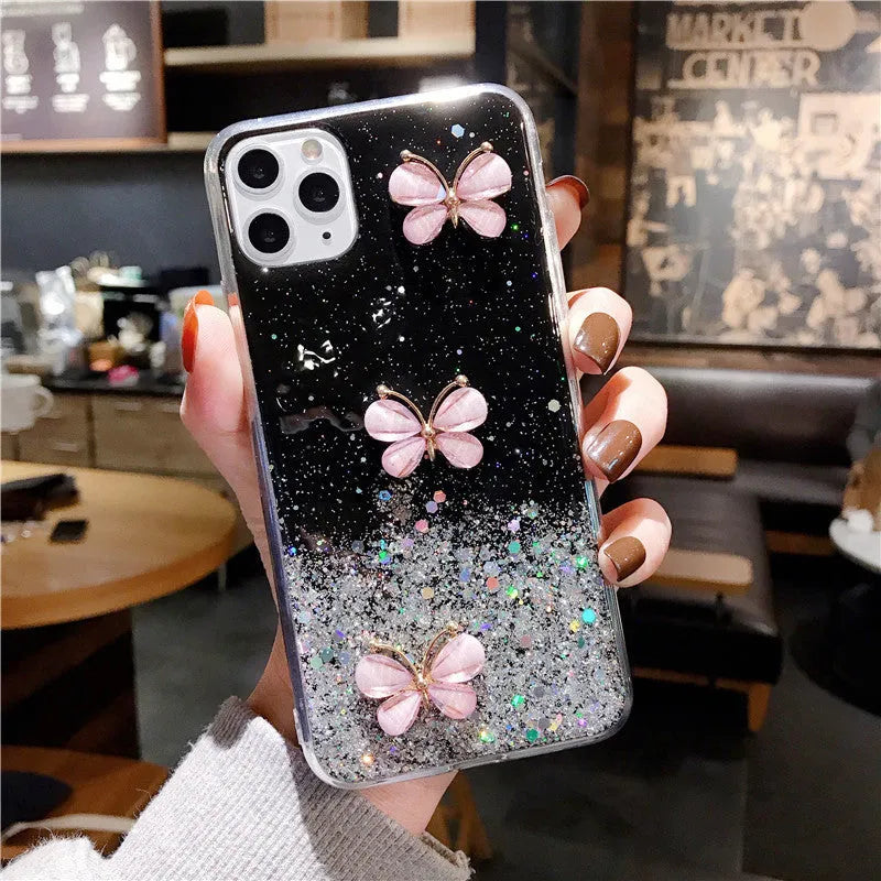 Butterfly glitter starry sky TPU phone case for iPhone with drop protection in transparent blue