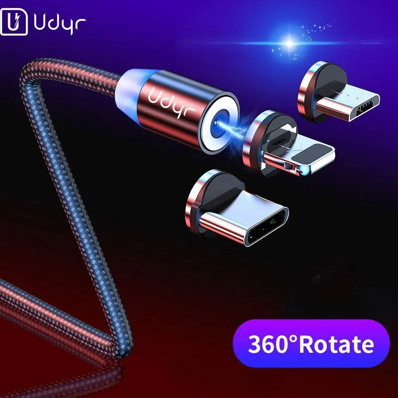 Magnetic charging cable with interchangeable USB-C, Apple and Android heads in black, red or silver colours