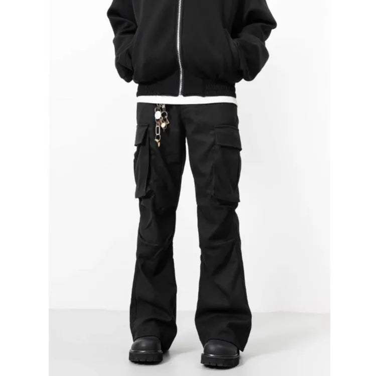 Black men's multi-pocket cargo trousers straight fit mid waist polyester spring autumn