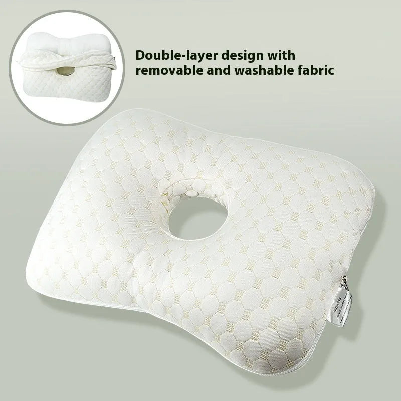 Single-hole ear pillow in plaid grey with detachable cover, shown with dimensions 39cm by 28cm.