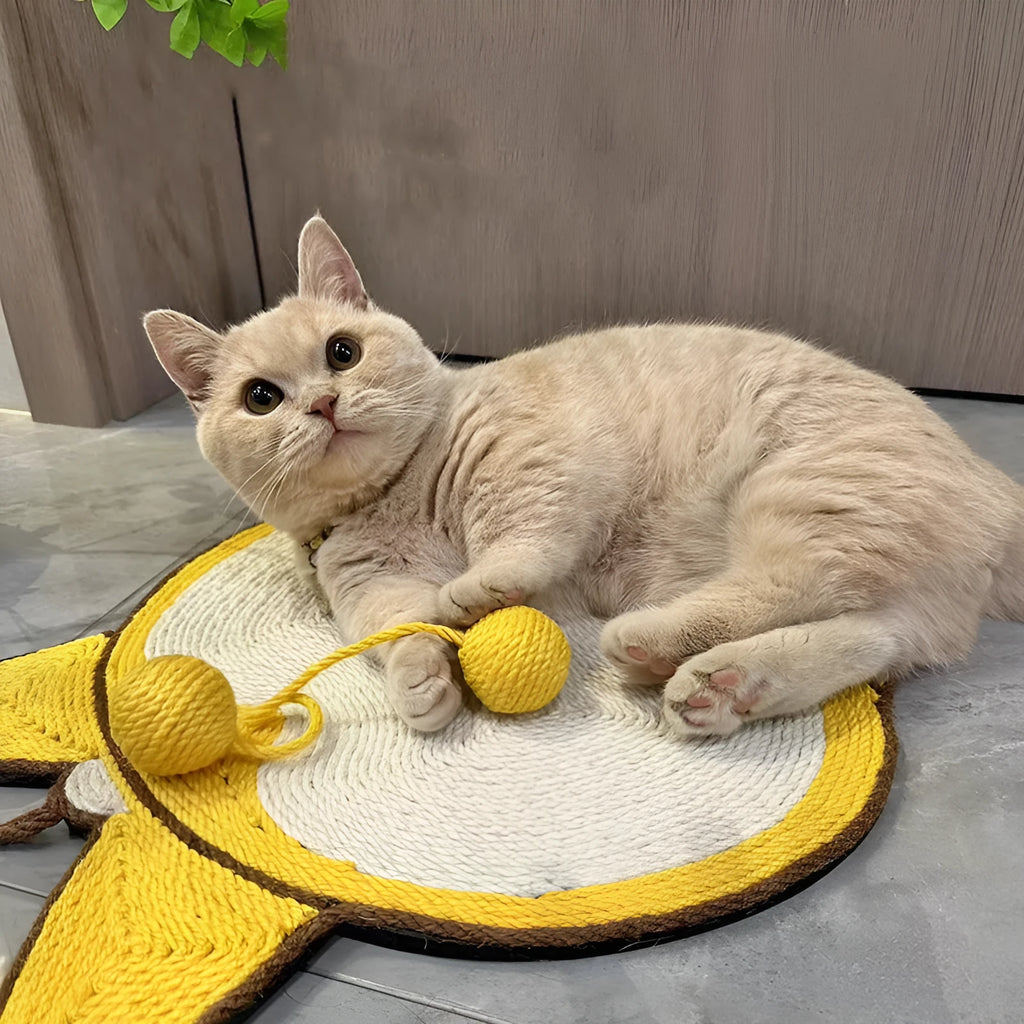 Yellow cat scratching pad with Corgi butt design, made from natural sisal on an anti-slip base