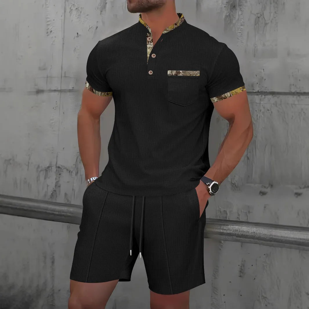 Men's grey cotton blend summer suit set with polo collar top and matching shorts