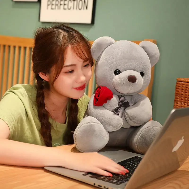 Rose bear teddy plush pillow doll in beige, brown or grey with PP cotton filling