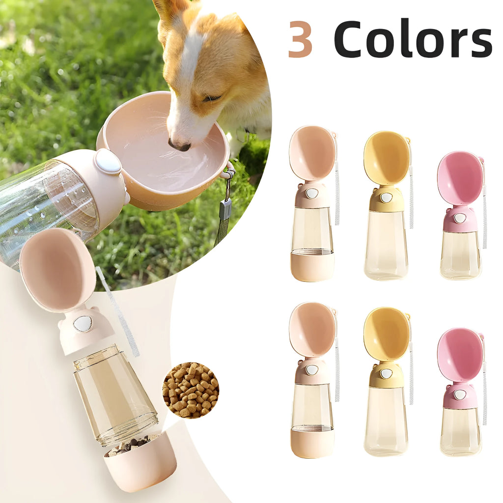 Portable dog water bottle and food container for outdoor travel, shown in yellow, pink, and brown colours.