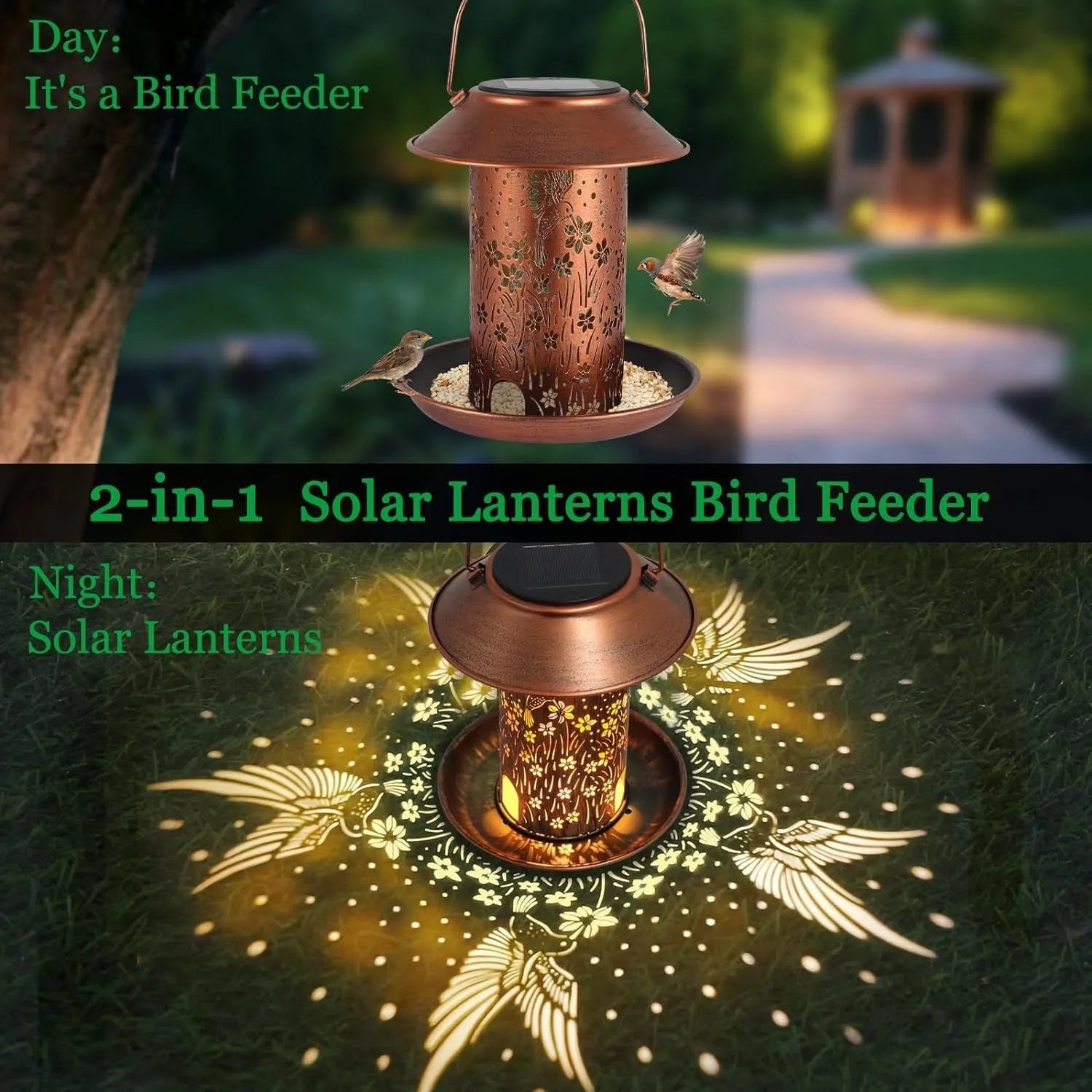 Solar-powered iron art bird feeder lamp with hummingbird pattern design for outdoor gardens
