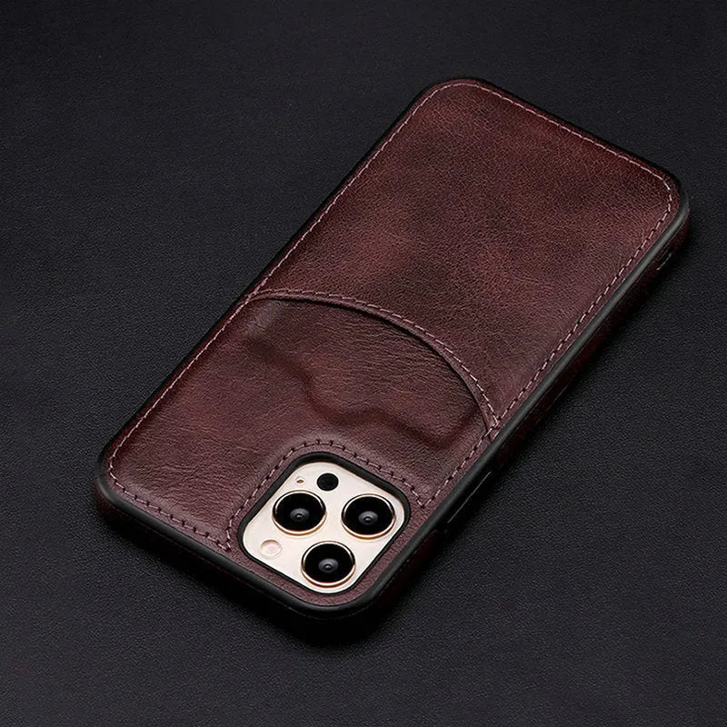 Dark blue PU leather protective case for iPhone shown on a smartphone.