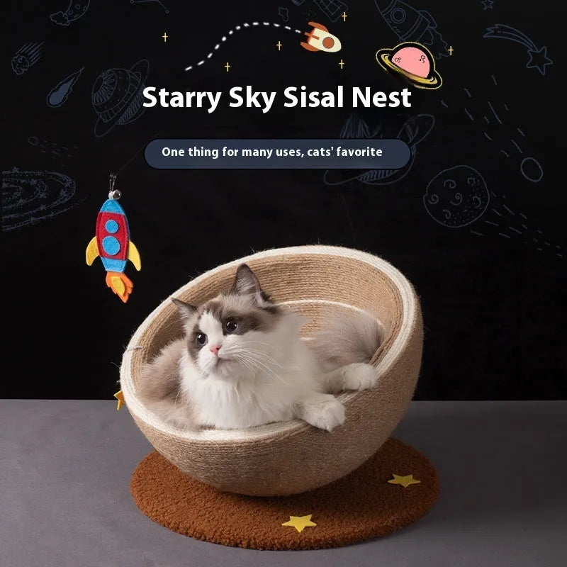 Large integrated cat scratching post and flannel bed in a starlight colour scheme.