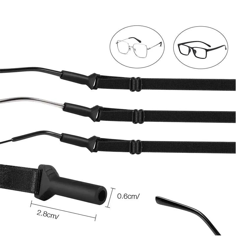 Black adjustable glasses anti-slip cord with silicone end hooks for earpieces.