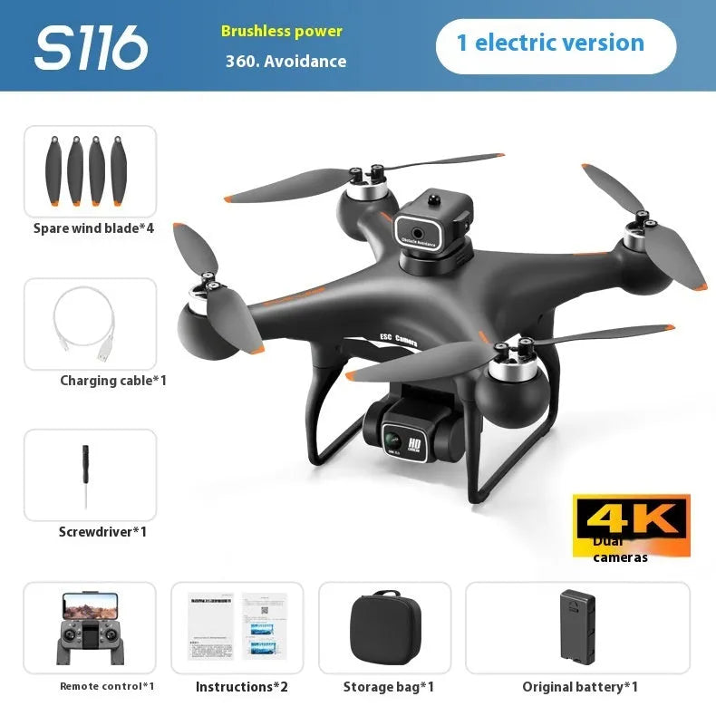 Black HD brushless UAV drone with four-side obstacle avoidance sensors and camera visible on compact plastic frame