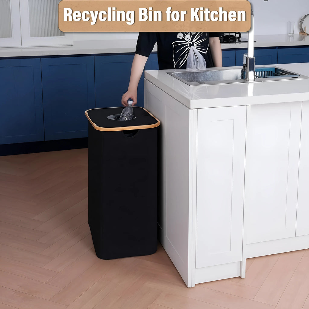 Black bamboo-texture storage basket with a removable lid, showing internal pockets and ventilation holes.