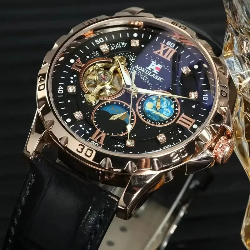 Men's automatic mechanical watch with hollow skeleton dial and rose gold shell casing