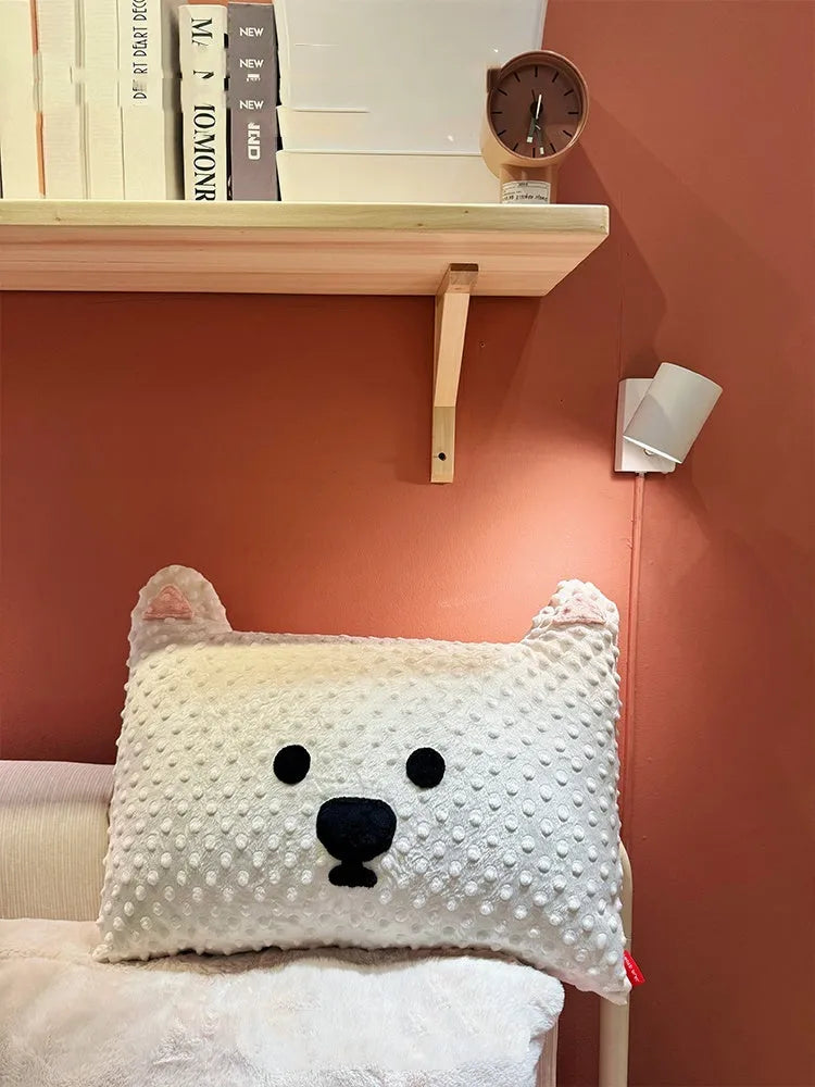 Grey Schnauzer design dog cushion pillow on a sofa, measuring 50cm long